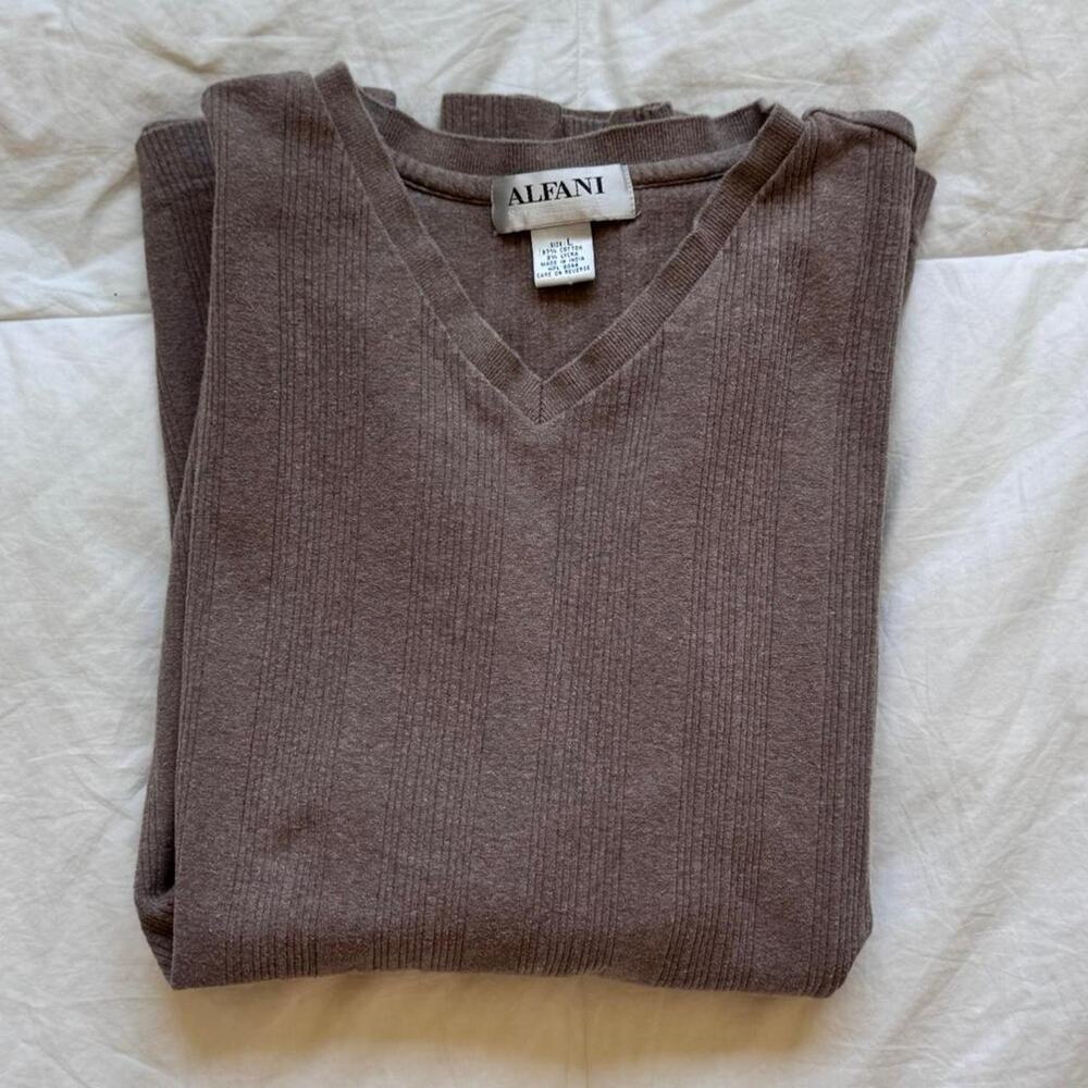 Alfani Vintage 90s‎ brown v neck sweater mens L ribbed long sleeve minimalist